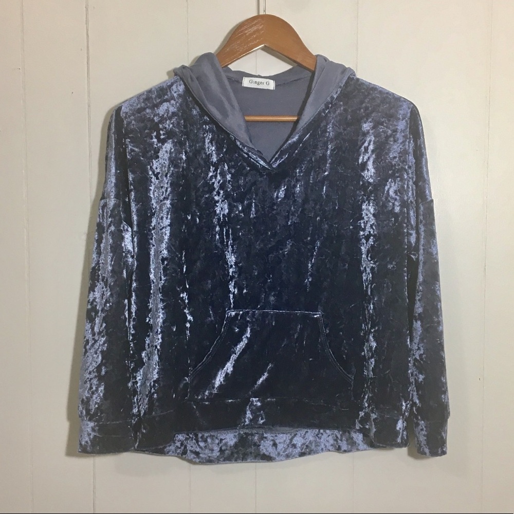 Light Blue Crushed Velvet Hooded Sweatshirt